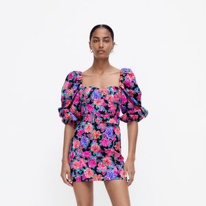 Zara Floral Print Belted Puff Sleeve Mini Dress